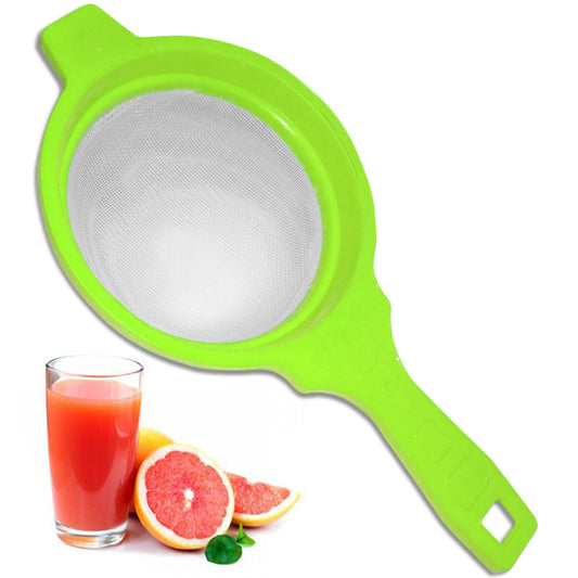 Multicolored juice strainer, filters out pulp for smooth beverages.