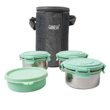 Ganesh 4In1 Tiffin Box-Lunch Box | 3 Stainless Steel Containers 300 Ml Approx & Plastic Salad Container 200 Ml Approx| Plastic lid Box | Round Zip Bag | Leak Proof | Microwave Safe for Office, College and School for Men, Women 