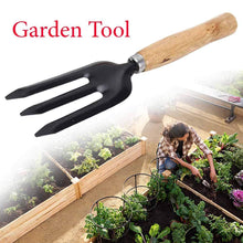 Gardening tools including spade, rake, and pruning shear.